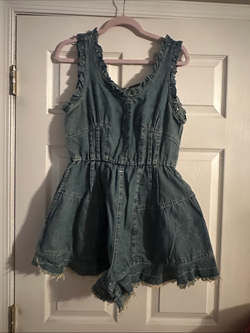 Blue Denim Romper Dress - Sleeveless Frayed Detail